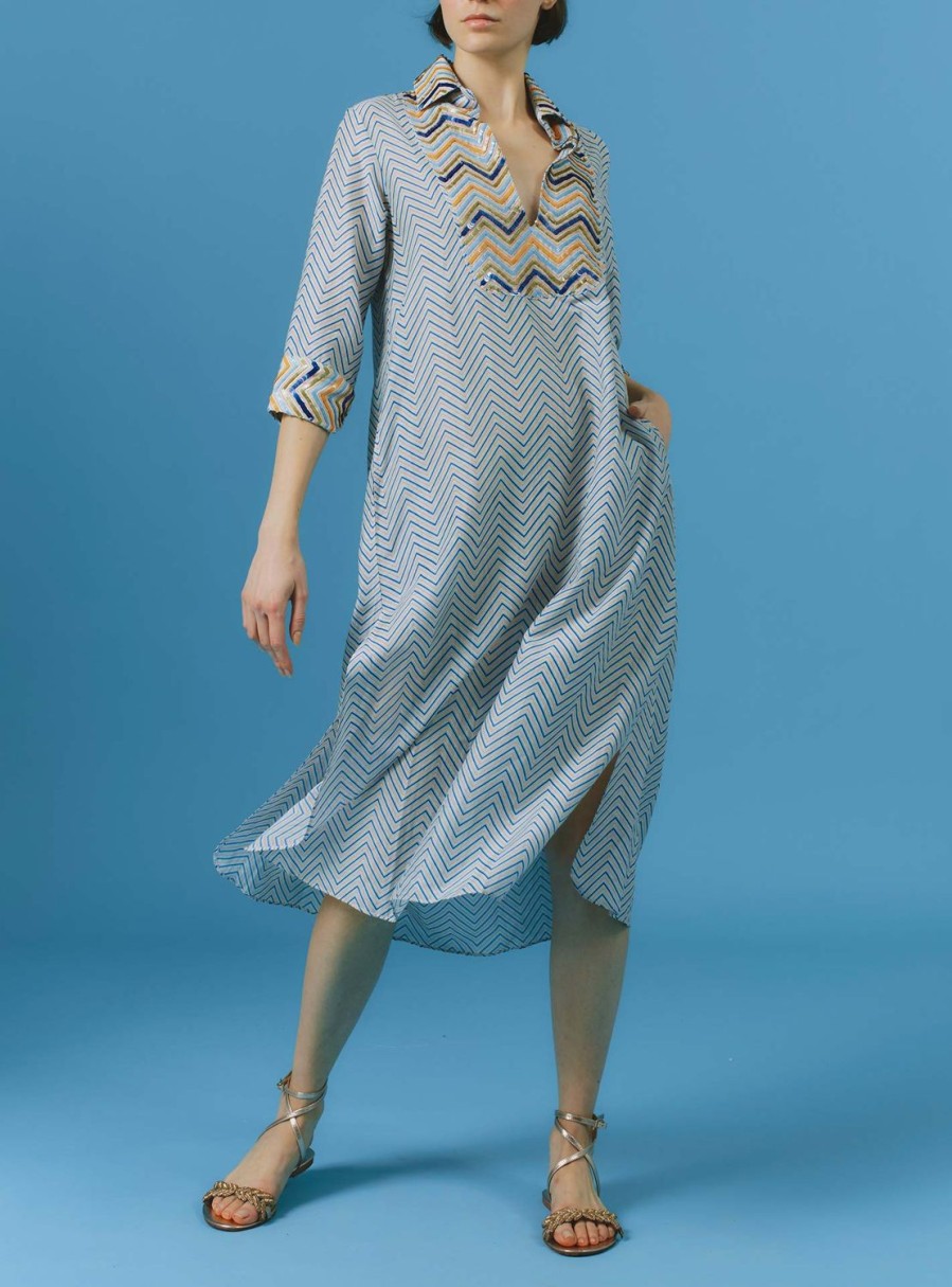 Dresses Thierry Colson | Angelica Knee Dress - Glitter Zig-Zag Embroidery Blue / Coral