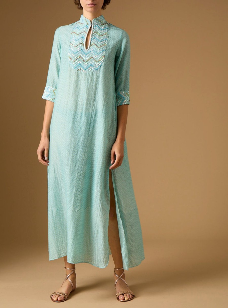 Dresses Thierry Colson | Angelica Stand-Up Collar Long Dress - Glitter Zig-Zag Embroidery Mint