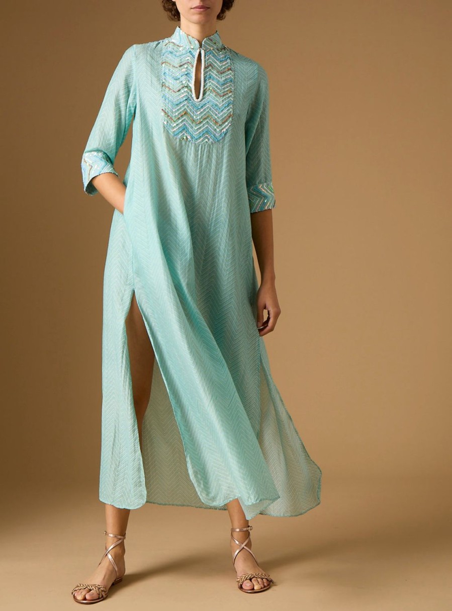 Dresses Thierry Colson | Angelica Stand-Up Collar Long Dress - Glitter Zig-Zag Embroidery Mint