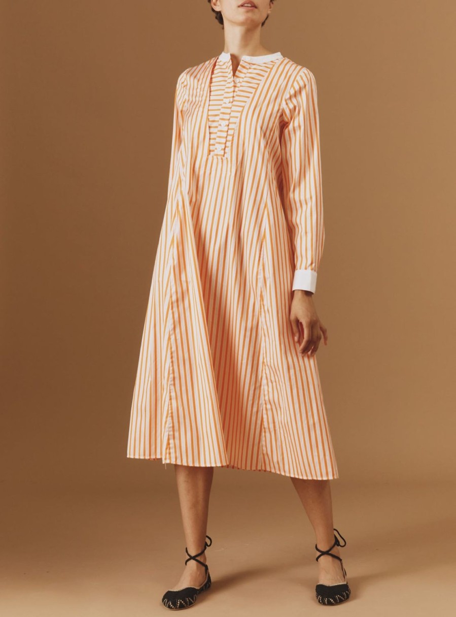 Dresses Thierry Colson | Victoria Midi Stripes Kaftan - Mayfair - Orange / Salmon / White