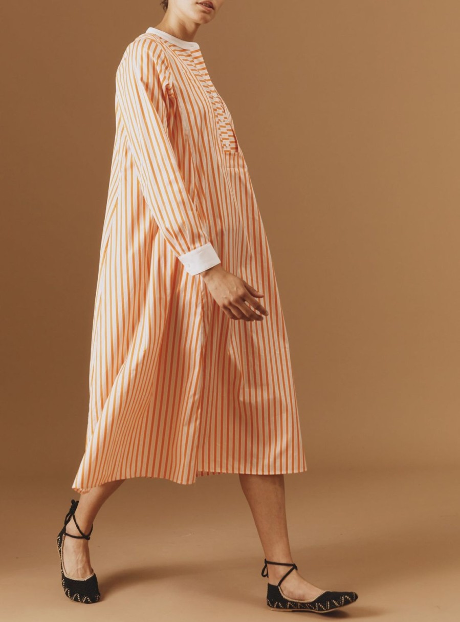 Dresses Thierry Colson | Victoria Midi Stripes Kaftan - Mayfair - Orange / Salmon / White