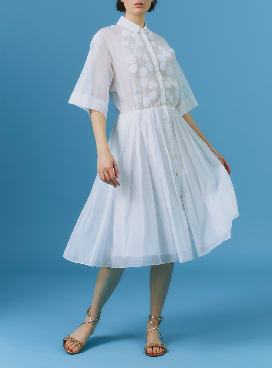 Dresses Thierry Colson | Oriane Knee Dress - Chanderi Applique White