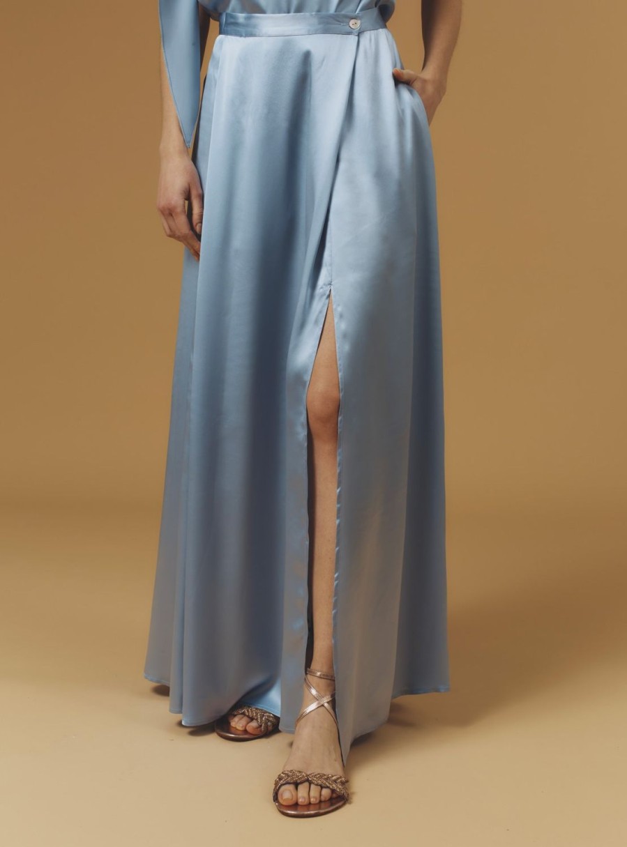 Skirts Thierry Colson | Silvana Skirt Long - Silk Silver Blue