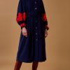 Dresses Thierry Colson | Yvonne Midi Dress - Embroidered Corduroy - Navy/Red