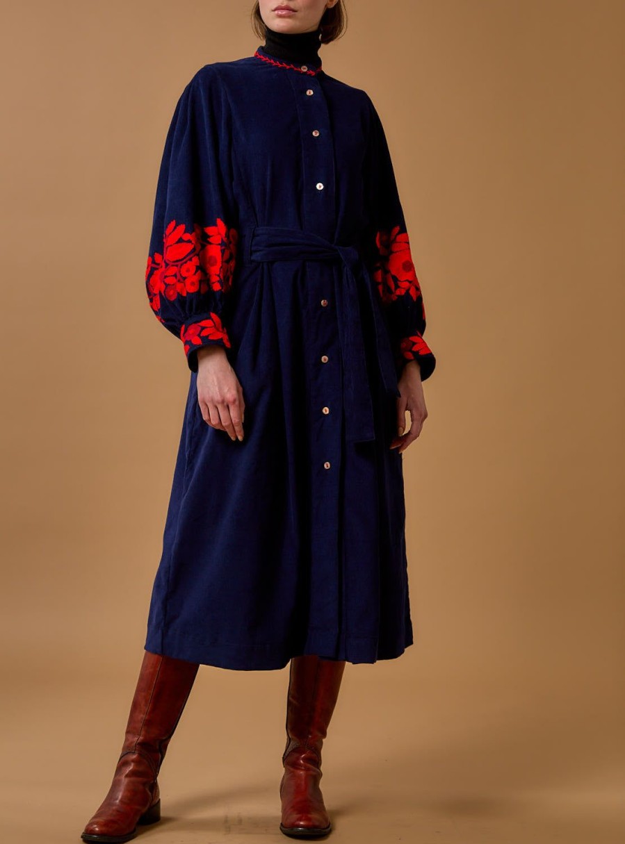 Dresses Thierry Colson | Yvonne Midi Dress - Embroidered Corduroy - Navy/Red